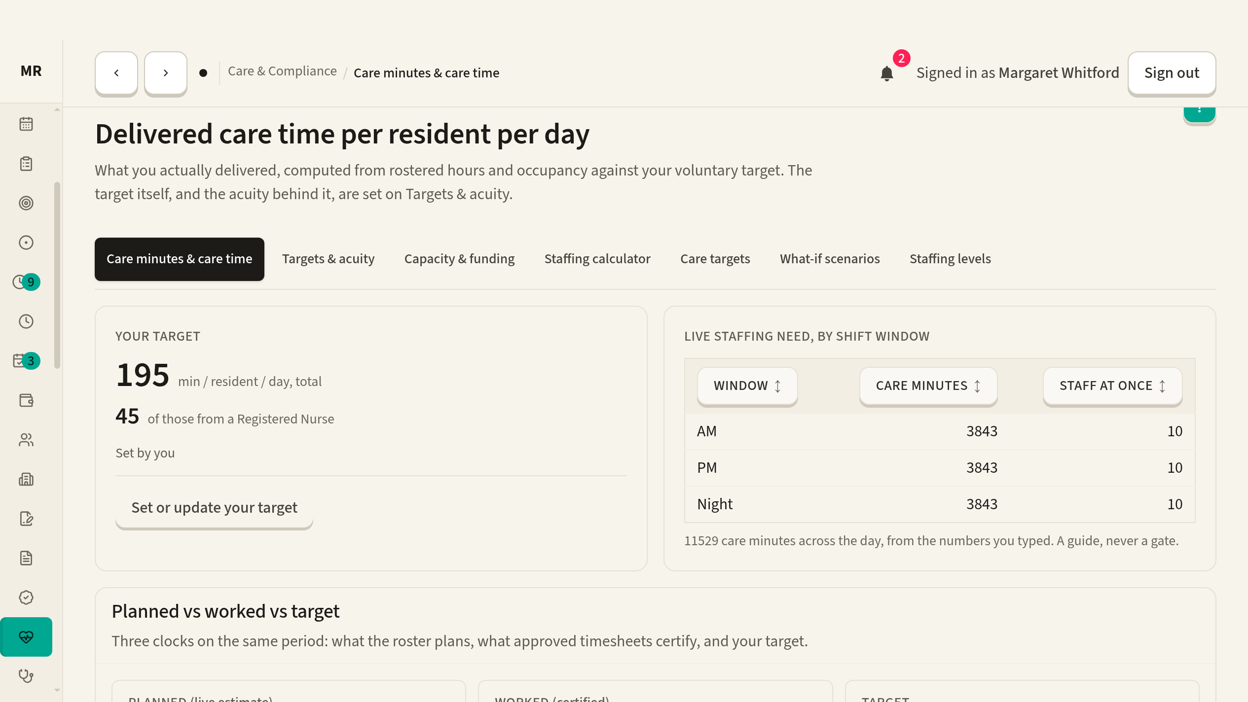 NZ care-time report showing target, planned and approved worked time headings.