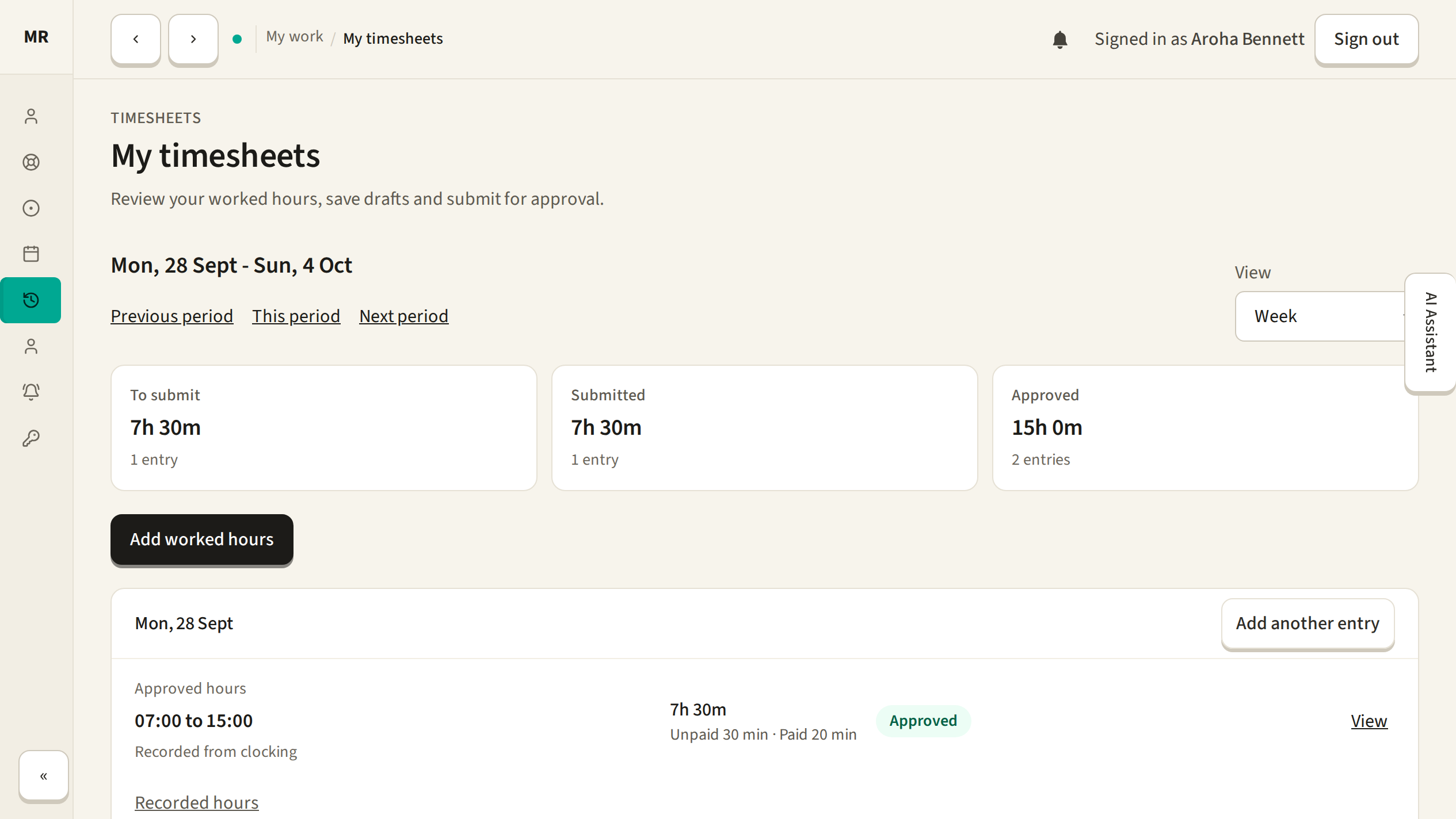 Employee timesheets showing hours to submit, submitted and approved hours, and an approved shift.